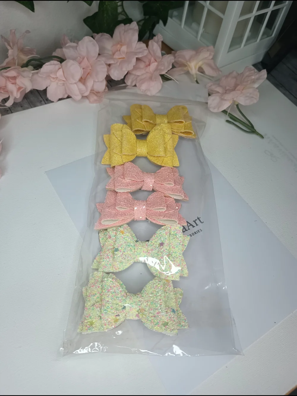 Handmade 3 Pairs Pastel Glitter Bows On Alligator Clips-Cute Hair Accessory Set
